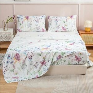 4pc Iris Floral QUEEN Size Bed Sheet Set